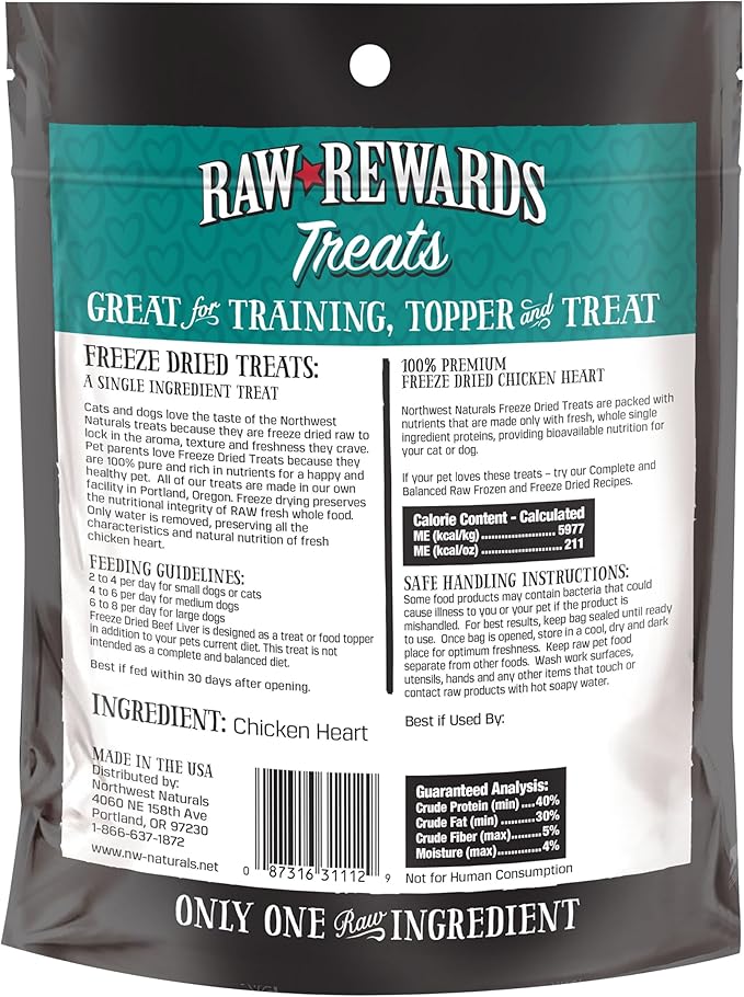 Northwest Naturals Raw Rewards Freeze-Dried Chicken Heart Treats for Dogs and Cats - Bite-Sized Pieces - Healthy, 1 Ingredient, Human Grade Pet Food, Natural - 10 Oz (Pack of 3) (Packaging May Vary)