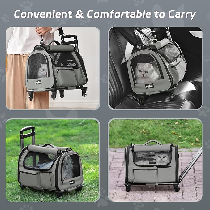 Cat Carrier with Wheels, Foldable Airline Approved Dog Cat Carrier with Wheels for Cat Dog Under 20 lbs, Rolling Cat Carrier Travel Bag with Telescopic Handle for Walking Travel Vet Visits