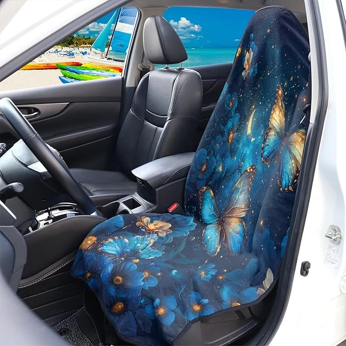 Blue Butterfly Sweatproof Towel Car Front Seat Cover Non-Slip Bucket Seat Protector Easy to Install from Sweat, Food, Dirt, Gym, Swimming, Workout and Grime