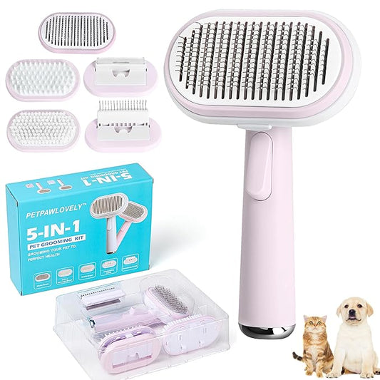 5 IN 1 Pet Grooming Brush Kit,Dog&Cat Self Cleaning Slicker Brush for Shedding.Dematting&Deshedding Dog Brush,Dog Hair Brush,Suitable for Small&Large,Long&Short Haired Pets.(Pink)