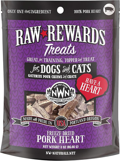 Northwest Naturals Raw Rewards Freeze-Dried Pork Heart Treats for Dogs and Cats - Bite-Sized Pieces - Healthy, 1 Ingredient, Human Grade Pet Food, All Natural - 3 Oz (Packaging May Vary)