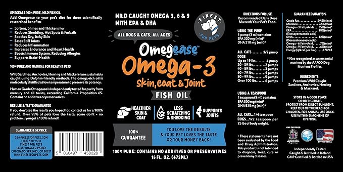 Omegease 100% Pure Omega 3 Fish Oil for Dogs & Cats 16 oz - Skin & Coat Supplement, Less Scratching & Shedding, Supports Joint Function, Immune, Brain & Heart Health. Natural EPA + DHA Fatty Acids