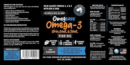 Omegease 100% Pure Omega 3 Fish Oil for Dogs & Cats 16 oz - Skin & Coat Supplement, Less Scratching & Shedding, Supports Joint Function, Immune, Brain & Heart Health. Natural EPA + DHA Fatty Acids