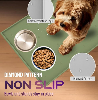 Dog Food Mat - 28x18” Large Cat Food Mat, Raised Edges Dog Mat for Food and Water Prevent Spill, Waterproof Silicone Pet Food Mat for Floors, Easy Clean Dog Bowl Mats for Food and Water