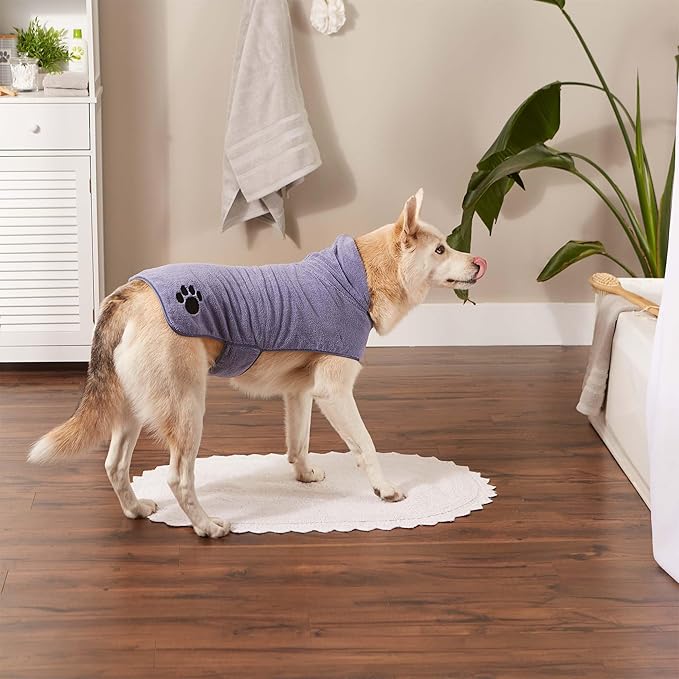 Bone Dry Pet Robe Collection Embroidered Absorbent Microfiber Bath Robe with Adjustable Closure, for Dogs & Cats, Large, Stonewash Blue