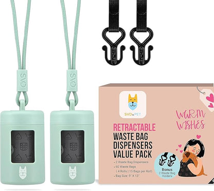 SVD.PET 2-Pack Retractable Waste Bag Dispensers with 60 Large Waste Bags and 2 Waste Bag Holders