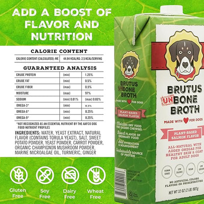 Brutus Vegetable Broth for Dogs 64 oz | All Natural | Made in USA |Omegas & Turmeric for Healthy Skin & Coat |Human Grade Ingredients |Hydrating Dog Food Topper, Gravy & Treat Salmon