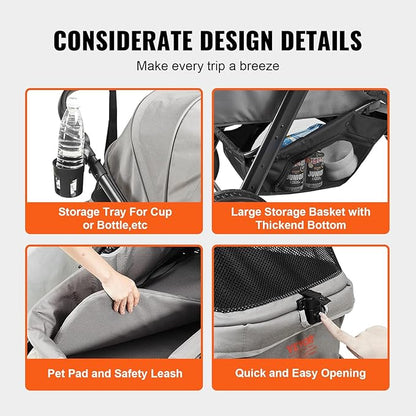 VEVOR Large Pet Stroller for Dogs Cats up to 75lbs 3 Wheels