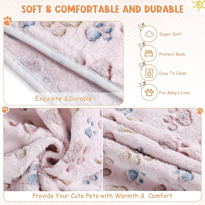 4 Pcs Pet Blanket Dog Puppy Blanket Paw Print Fleece Blanket for Small Medium Pet Dog Cat Warm Soft Sleep Mat Guinea Pig Cage Liners Blanket (Beige Medium(30 x 20.5 Inch))