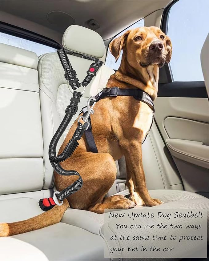 Dog Seat Belt,Updated Dual-use Dog Seatbelt for Vehicle Headrests, Dog Car Leash - Bungee Retractable Adjustable for Your Pet, Pet Safety Car Harness for Dogs Heavy Duty & Elastic