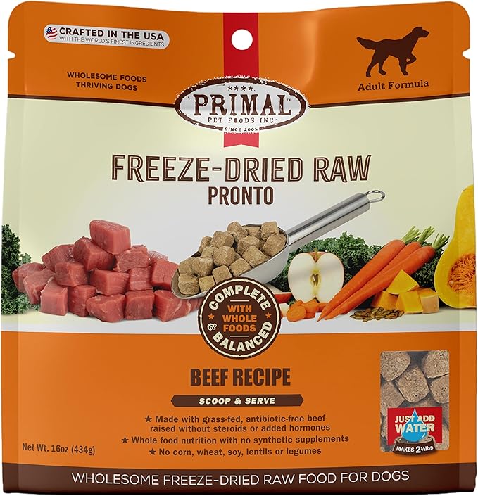 Primal Freeze Dried Dog Food Pronto, Beef; Scoop & Serve, Complete & Balanced Meal; Also Use as Topper or Treat; Premium, Healthy, Grain Free High Protein Raw Dog Food (16 oz)