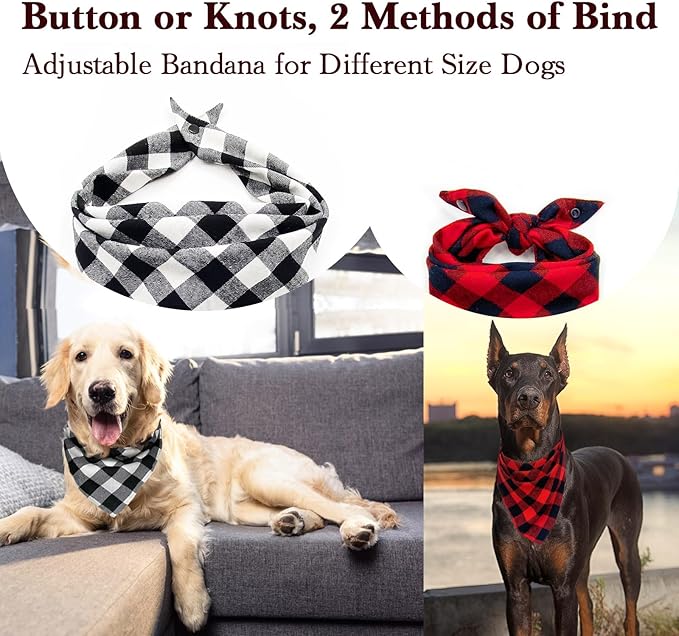 2PCS Chirstmas Red and Black-White Plaid Bandanas with Button