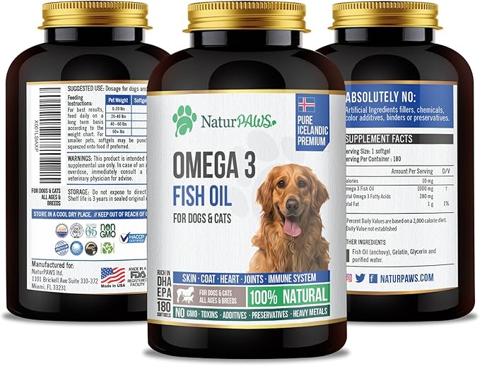 Omega 3 Fish Oil Supplement for Dogs and Cats - 1000 mg Pure DHA and EPA Omegas - Supports Healthy Coat and Skin, Heart, Immune System, Joints and Hip - 180 softgels