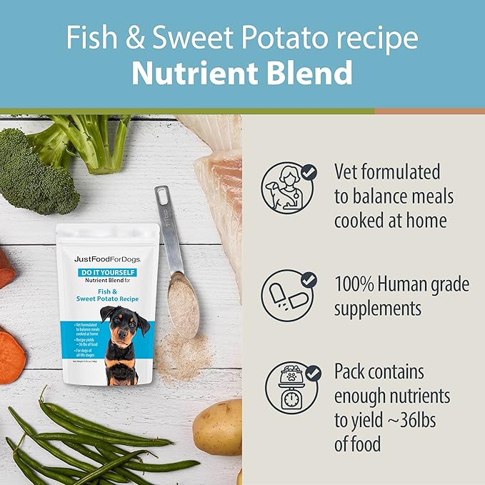 JustFoodForDogs DIY Nutrient Blend for Homemade Dog Food, Fish & Sweet Potato Recipe, 168 grams