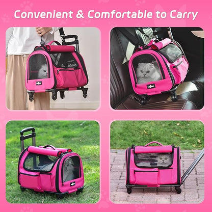 Cat Carrier with Wheels, Foldable Airline Approved Dog Cat Carrier with Wheels for Cat Dog Under 20 lbs, Rolling Cat Carrier Travel Bag with Telescopic Handle for Walking Travel Vet Visits