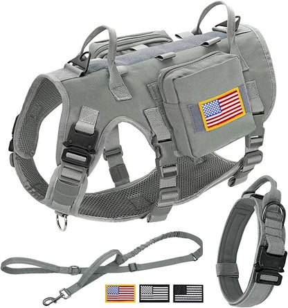 Forestpaw Tactical Dog Harness for Large Dogs,Tactical Dog Collar with Bungee Leash Set,No Pull Military Dog Harness for Dog Walking Training,Adjustable for Medium Large Dogs,Gray M