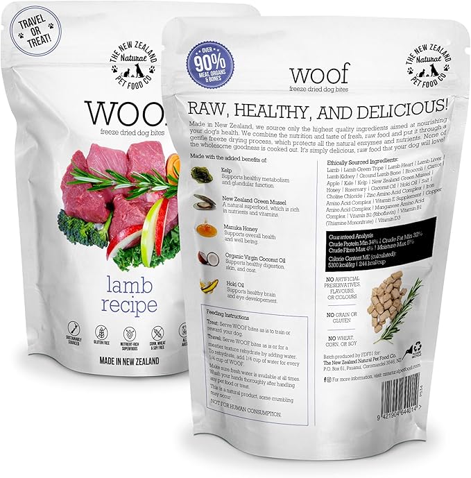 Woof Freeze Dried Dog Food - Lamb Recipe, High Protein, Dog Food Topper & Dog Treats, All Life Stages, 1.76 oz