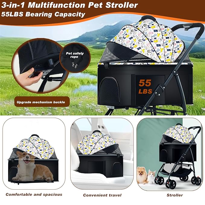 Pet Stroller 3 in 1 Folding Lightweight Dog Stroller with Detachable Carrier & Storage Basket 4 Wheels
