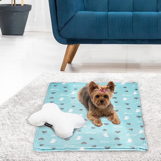 Juicy Couture Turquoise Blue Dog Blanket with Sherpa Bone Shaped Pillow – Plush Puppy Blanket Throw