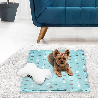 Juicy Couture Turquoise Blue Dog Blanket with Sherpa Bone Shaped Pillow – Plush Puppy Blanket Throw