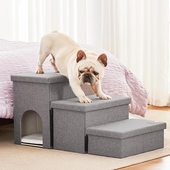 Love's cabin Dog Stairs for Small Medium or Large Dogs with Storage and Condo Couch,3-Step Gray 200 lbs,Solid