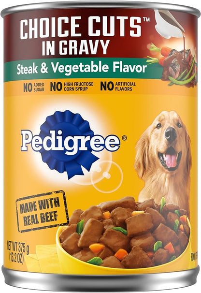 PEDIGREE CHOICE CUTS IN GRAVY Adult Canned Soft Wet Dog Food, Steak & Vegetable Flavor, 13.2 oz. Cans (Pack of 12)