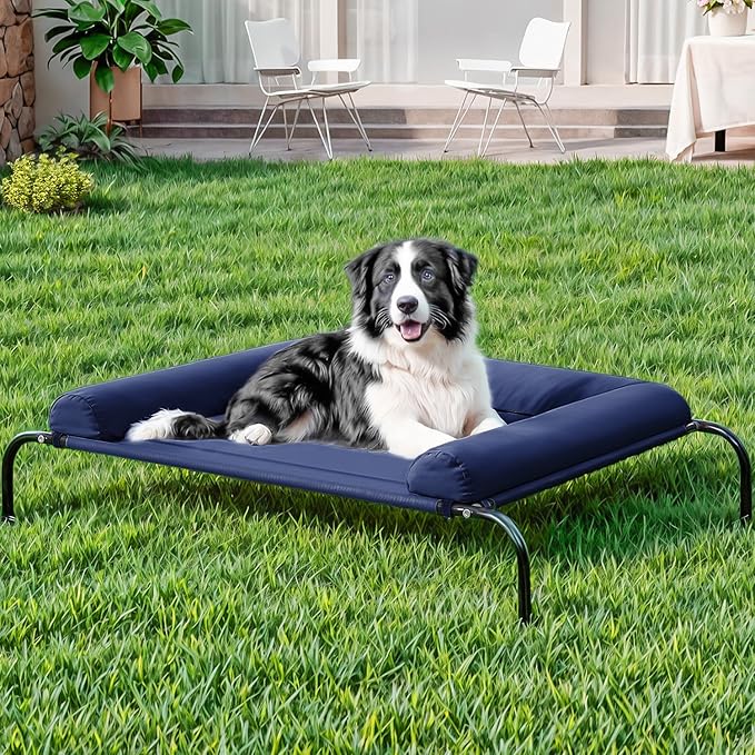 WESTERN HOME WH Elevated Dog Bed Cot, Raised Outdoor Dog Bed with Bolster for Large Dogs, Slightly Chew Proof Portable Cooling Pet Cot with Breathable Mesh, Skid-Resistant Feet, Blue, 36 inches