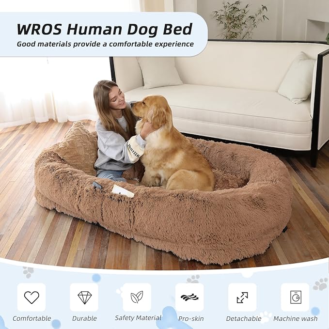 𝗛𝘂𝗺𝗮𝗻 𝗗𝗼𝗴 𝗕𝗲𝗱, Large Dog Beds for Humans Size Fits You and Pets, Washable Faux Fur Orthopedic Human Dog Bed for People Doze Off, Napping, Present Pillow, Blanket, Strap - Khaki