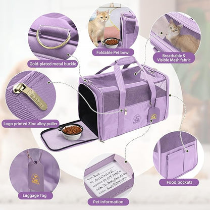 Luxury Pet Carrier for Dogs, Cats, Puppies - Airline TSA Approved, Durable Anti-Scratch Fabric, Soft-Sided, Consistent Airflow, Foldable Design, Cushion Pad, Travel (Lilac, Large)