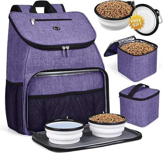 BAGLHER丨Dog Travel Bag, Airline Approved Pet Supplies Backpack, Dog Travel Backpack Accessories Set with 2 Silicone Collapsible Bowls and 2 Food Baskets. Purple