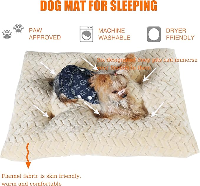 24 Inch Dog Crate Bed Crate Mats for Dog Cages Dog Bed for Small Dogs Crate Washable Dog Mats for Sleeping,Up to 25 lbs Soft and Fluffy Small Dog Bed for Crate Tire Printing Rice White S