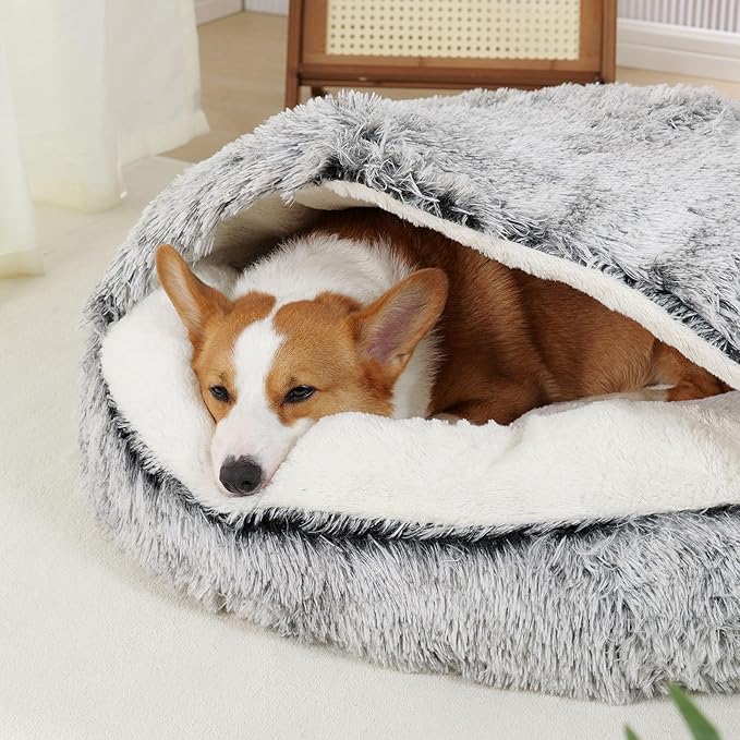 Calming Dog Beds & Cat Cave Bed with Hooded Cover，Washable Round Beds for Small Medium Pets，Cozy for Indoor Cats or Small Dog beds to25 Medium 23.6, Grey
