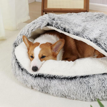 Calming Dog Beds & Cat Cave Bed with Hooded Cover，Washable Round Beds for Small Medium Pets，Cozy for Indoor Cats or Small Dog beds to25 Medium 23.6, Grey