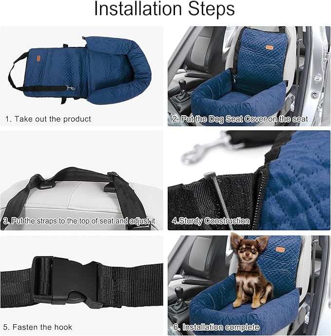 X AUTOHAUX Car Dog Bed Cat Seats Booster Seat Flannel Puppy Bed Back Car Dog Seat Travel Safety Carseat/Carrier Washable Cover with Seat Belt for Medium Small Sized 5-15 lb Blue