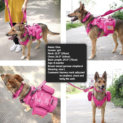 Forestpaw Pink Tactical Dog Harness for Large Dogs,Tactical Dog Collar with Bungee Leash Set,No Pull Military Dog Harness for Dog Walking Training,Adjustable for Medium Large Dogs,S