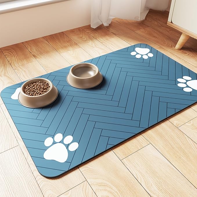 Pet Feeding Mat-Absorbent Pet Placemat for Food and Water Bowl (16"x24", Blue)