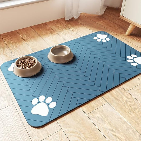 Pet Feeding Mat-Absorbent Pet Placemat for Food and Water Bowl (12"x20", Blue)