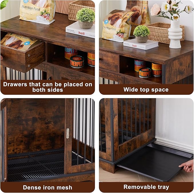 Okak Dog Crate Furniture Style Dog Cage Side Table With Drawers Wooden Dog Crate With Double Sliding Iron Doors Dog Kennel Indoor For Medium/Large Dog Brown,32.28" L