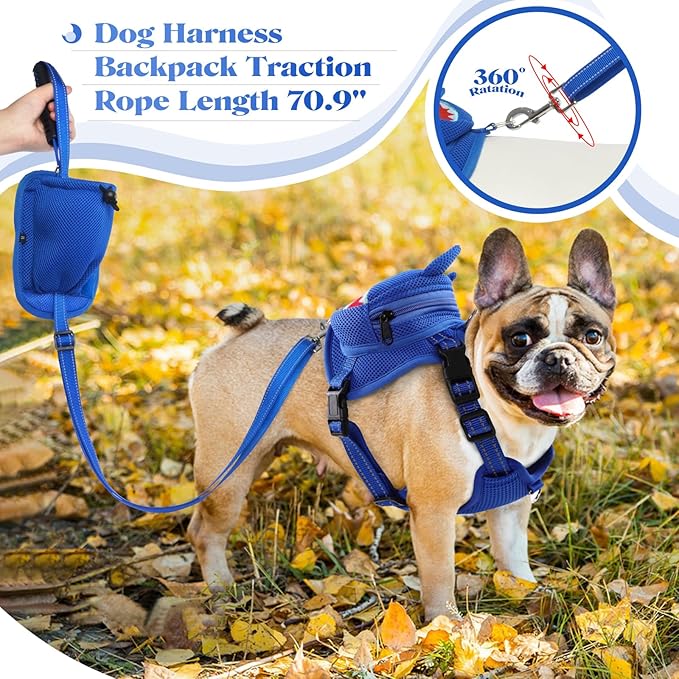 Dog Backpack Harness, Cute Dog Harness with Leash, Dog Harness with Backpack, No Pull Dog Saddle Bag Puppy Vest, Mesh Shark Self Bag with D-Ring, Dog Hiking Backpack for Small Medium Dogs XS