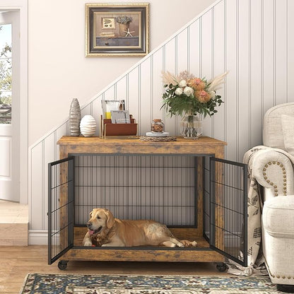 Okak Dog Crate Furniture Wooden Dog Crate With Double Sliding Iron Doors and Lift Top on Casters Heavy-Duty Dog Kennel Indoor for Medium/Large Dog Brown,38.58" L