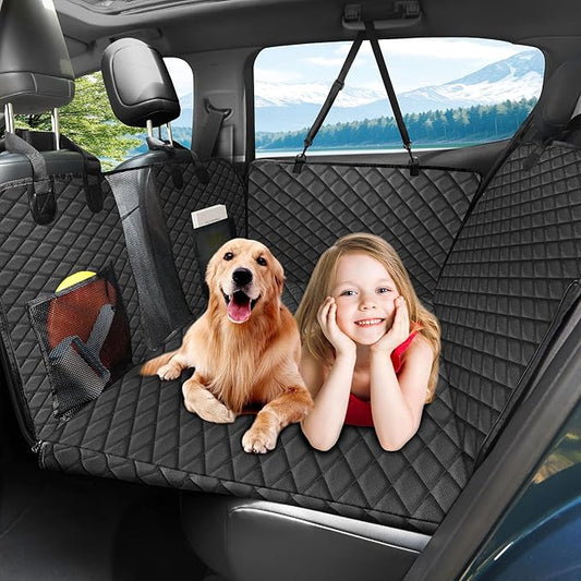 Dog Back Seat Extender，Hard Bottom Dog Car Seat Cover Holds 330lb，Waterproof Dog Hammock for Car Pet Backseat Protector with Mesh Window ＆ Storage Pocket for Car