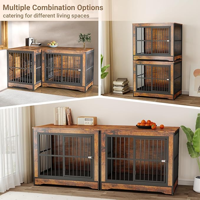 Rovibek Double Dog Crate Furniture 75 Inch, 2 Dogs