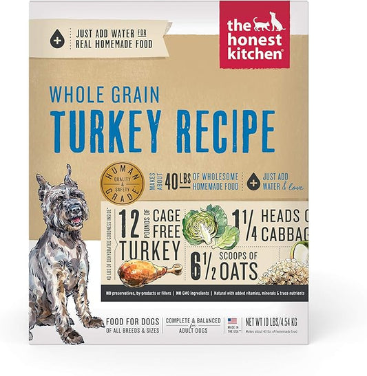 The Honest Kitchen Human Grade Dehydrated Whole Grain Dog Food – Complete Meal or Dog Food Topper – Turkey, 10 Pound (Pack of 1) (makes 40 lbs)