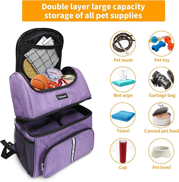 Dog Travel Bag Airline Approved Pet Supplies Backpack with 2 Food Container Dog Bags for Traveling Camping Hiking Purple