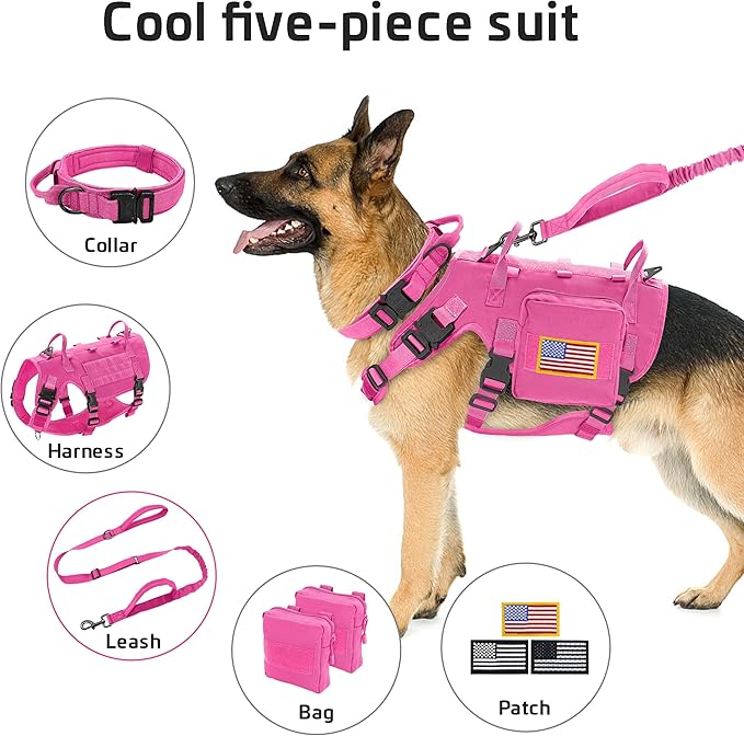 Forestpaw Pink Tactical Dog Harness for Large Dogs,Tactical Dog Collar with Bungee Leash Set,No Pull Military Dog Harness for Dog Walking Training,Adjustable for Medium Large Dogs,L