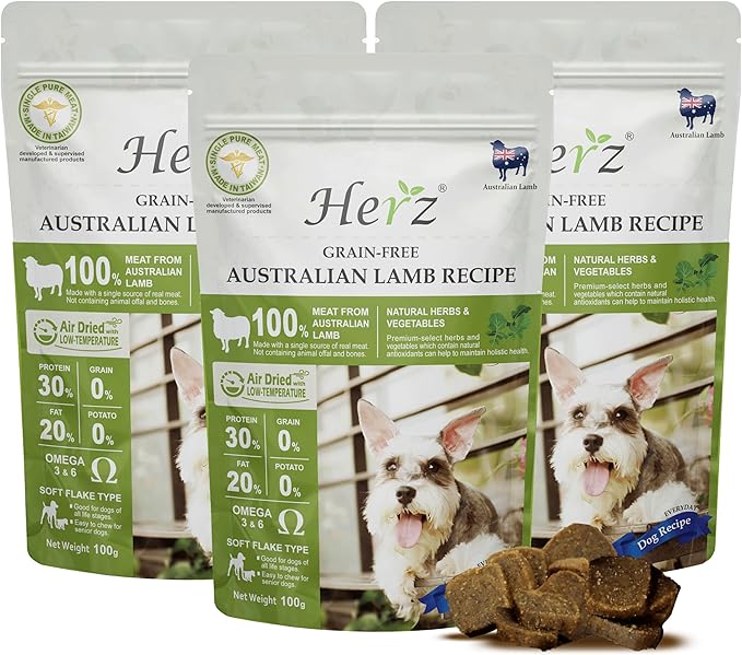 Herz Air-Dried Dog Food – Pack of 3 – Australian Lamb Recipe, Single Pure-Meat, Grain Free, All Natural, High Protein, Limited Ingredients 3.5 oz