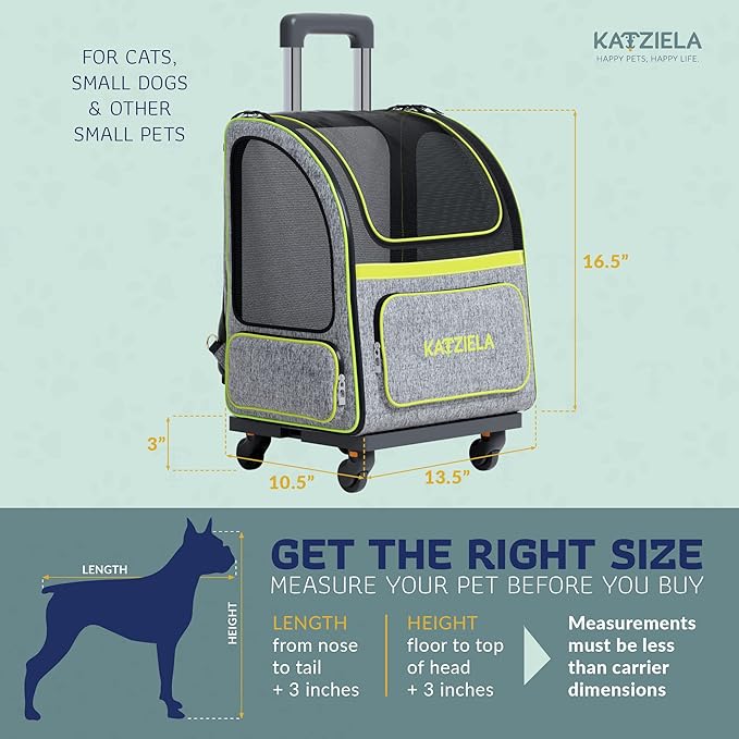 Katziela Wheeled Pet Carrier Backpack - Soft Sided, Airline Approved Hiking Carrying Bag for Small Dogs and Cats – Removable Rolling Wheels – Mesh Ventilation Windows, Storage Pockets (Green/Gray)