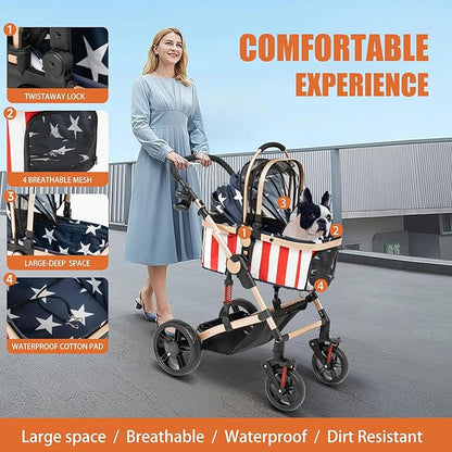 Dog Pet Stroller for Small to Medium Dogs 20lbs 30lbs to 65lbs Capacity 3 in 1 One-Click 2 Cat 2 Dog