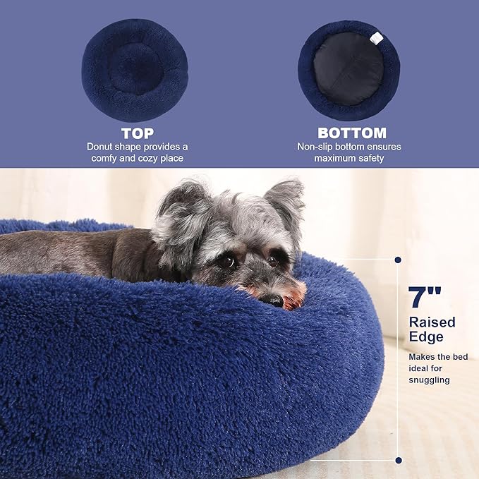 23" Calming Dog Bed,Anti Anxiety Donut Dog Bed,Plush Round Pet Beds for Small Dogs,Fluffy Faux Fur Cat Bed,Washable Cuddler Dog Bed(Dark Blue,Small)