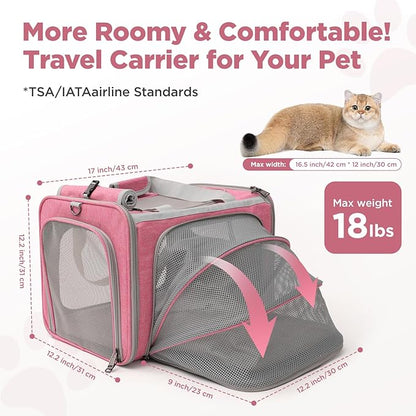 HSC PET Small Dog Carrier Pet Bag,Airline Approved,Expandable Softsided Totes Travel Handbag for Large Kitty,Puppy,Kittens Sturdy Transport Trip Purse,MAX 18lb(Pink, 1Side Expandable)